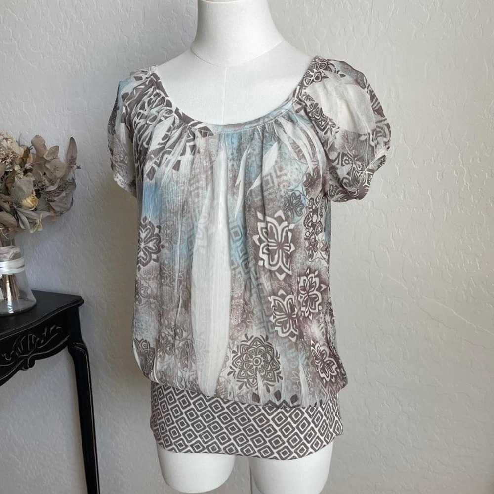 FANG Blouson Top Womens S Blue Brown Excellent Y2K Fairycore Boho Floral Mandala